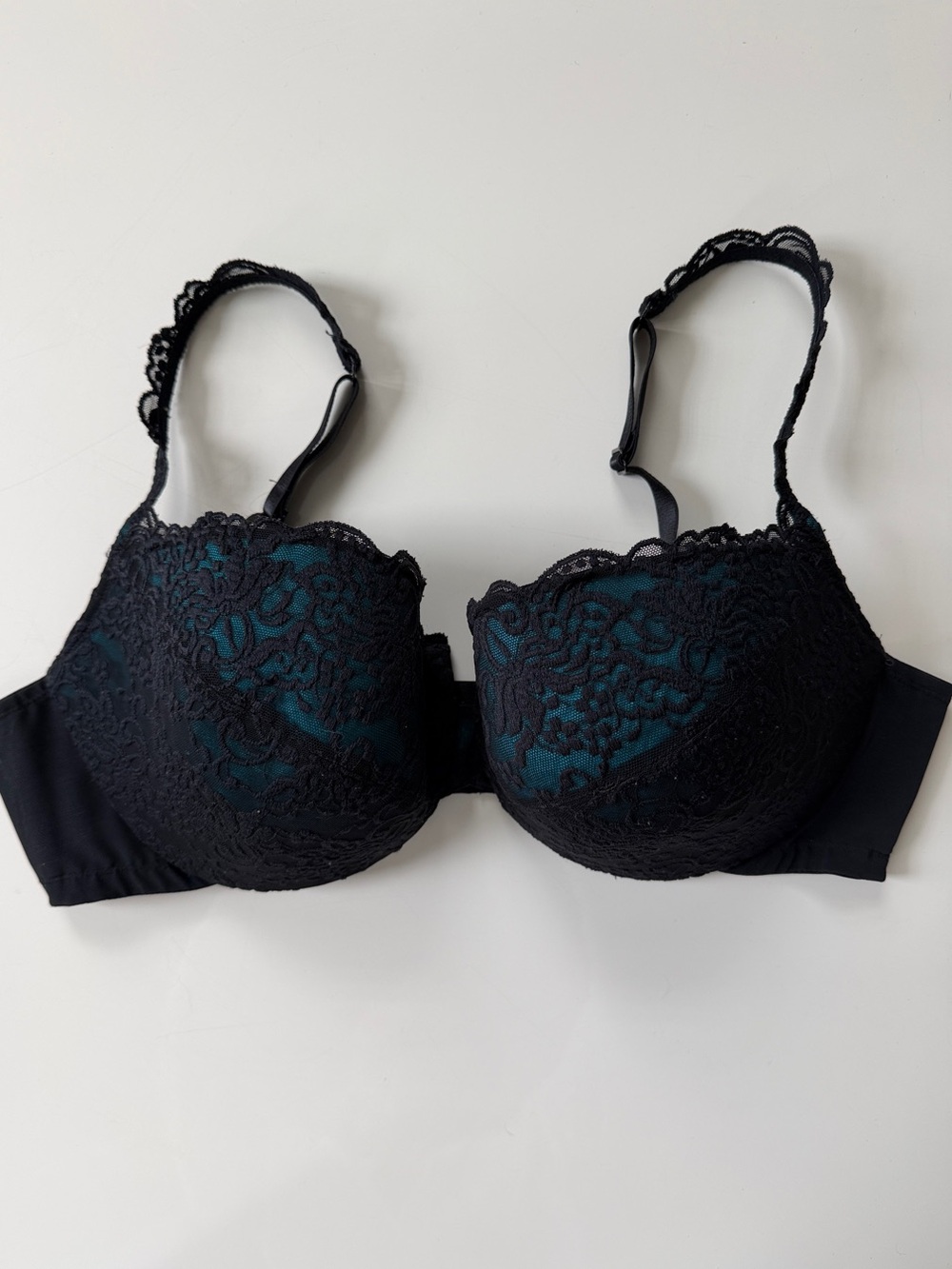 Black Lace Overlay Bra with Teal Underlay - Women Intimates